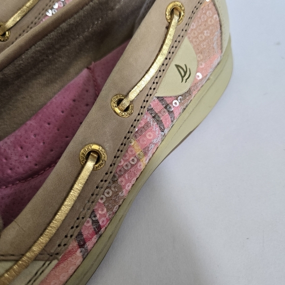SPERRY Top-Sider Boat Shoes Tan Pink Plaid Sequin Loafer leather sz 7.5 - Picture 2 of 8